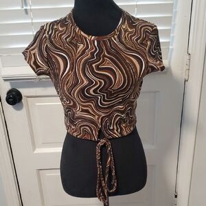 Birch And Stone Brown Swirl Tie-Front Crop Top